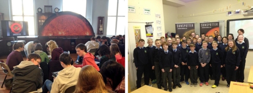 Figure 3: Sunspotter workshops in the School of Physics in Trinity College Dublin (left image). Astrophysicists Dr Pietro Zucca and Áine Flood visiting classrooms in Co. Westmeath as part of the midlands Science Festival (left image)